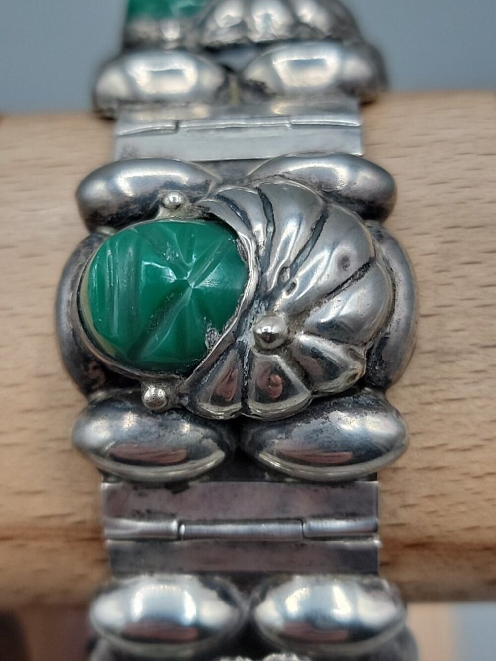 VTG Rancho Alegre Taxco 925 Green Onyx 5-Face Portrait Panel Bracelet 60.67g 7" - Picture 10 of 16